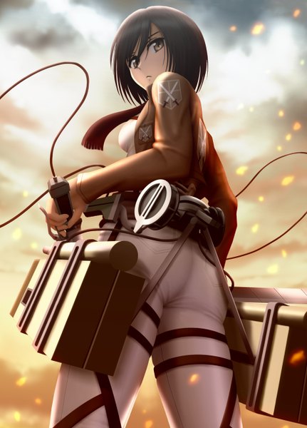 Anime picture 934x1300 with shingeki no kyojin production i.g mikasa ackerman siraha single tall image short hair black hair brown eyes looking back girl weapon sword jacket scarf red scarf