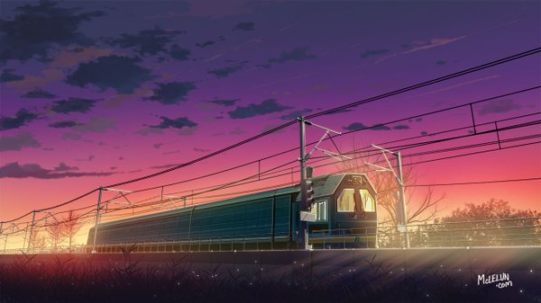 Anime picture 1280x720 with original mclelun wide image sky cloud (clouds) evening sunset wire (wires) train