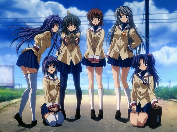 Anime picture 1024x768 with clannad key (studio) furukawa nagisa fujibayashi kyou sakagami tomoyo ibuki fuuko ichinose kotomi fujibayashi ryou long hair looking at viewer short hair open mouth blue eyes light erotic smile brown hair purple eyes multiple girls yellow eyes sky