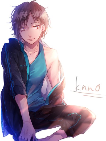 Anime picture 800x1066 with kagerou project shaft (studio) kano shuuya mizutama (mao11260510) single tall image looking at viewer fringe short hair simple background brown hair white background sitting brown eyes bent knee (knees) light smile off shoulder open jacket character names boy