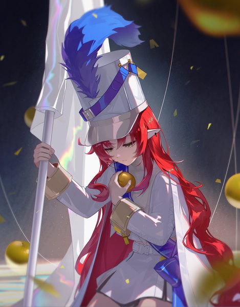 Anime picture 3877x4962 with arknights myrtle (arknights) myrtle (light gold celebration) (arknights) ash-c single tall image highres holding green eyes absurdres red hair very long hair pointy ears official alternate costume looking down girl skirt hat skirt set fruit