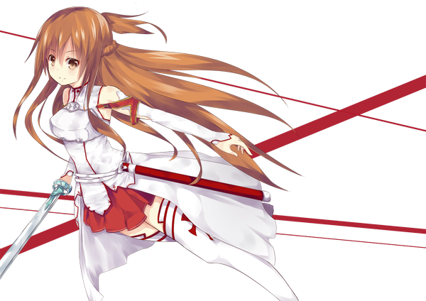 Anime picture 1200x849 with sword art online a-1 pictures yuuki asuna single long hair brown hair brown eyes looking away zettai ryouiki transparent background girl thighhighs weapon detached sleeves white thighhighs sword