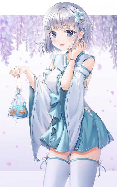 Anime picture 2689x4283 with original wol (wol 927) single tall image looking at viewer blush fringe highres short hair open mouth blue eyes smile holding silver hair traditional clothes :d japanese clothes nontraditional miko girl thighhighs