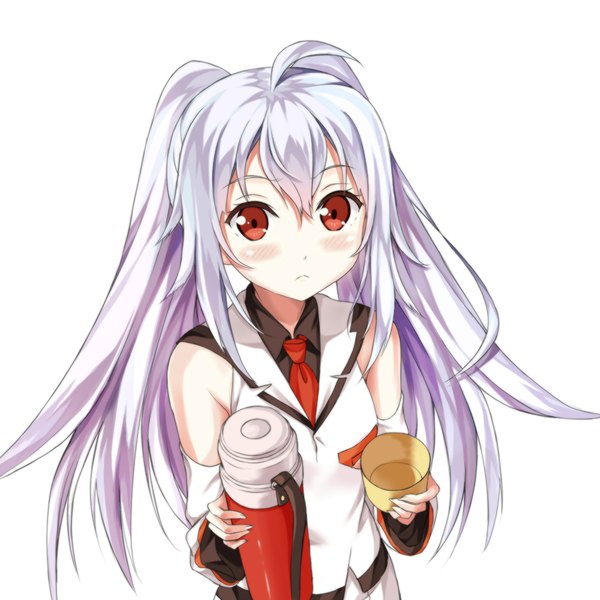 Anime picture 1000x1000 with plastic memories isla (plastic memories) phanc002 single long hair blush fringe simple background hair between eyes red eyes white background twintails bare shoulders holding payot looking away silver hair upper body ahoge long sleeves