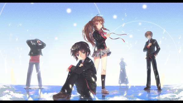Anime picture 4409x2480 with little busters! key (studio) natsume rin naoe riki natsume kyousuke inohara masato miyazawa kengo north abyssor highres short hair black hair smile red eyes brown hair wide image standing sitting holding signed absurdres