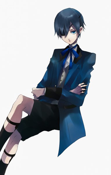 Anime picture 1240x1948 with kuroshitsuji a-1 pictures ciel phantomhive kayanogura single tall image looking at viewer fringe short hair blue eyes simple background white background sitting blue hair nail polish hair over one eye crossed legs crossed arms black nail polish boy