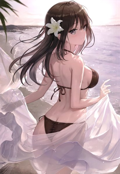 Anime picture 2391x3485 with original fuumi (radial engine) single long hair tall image looking at viewer blush fringe highres breasts light erotic black hair hair between eyes large breasts sky outdoors ass looking back hair flower from behind