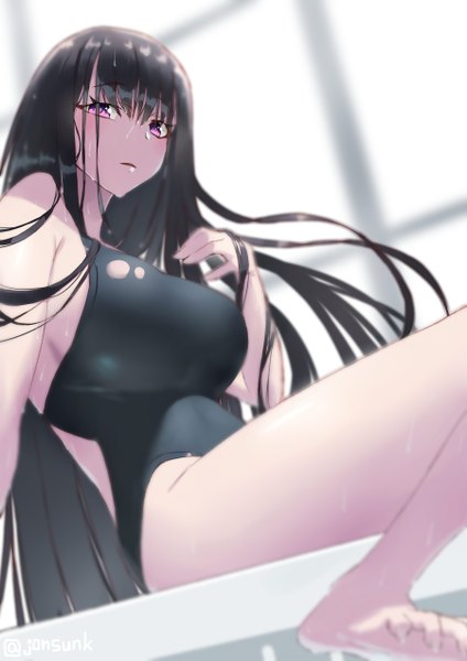 Anime picture 900x1273 with fate (series) fate/grand order murasaki shikibu (fate) jonsun single long hair tall image looking at viewer blush fringe breasts light erotic black hair hair between eyes large breasts sitting purple eyes parted lips barefoot bare legs