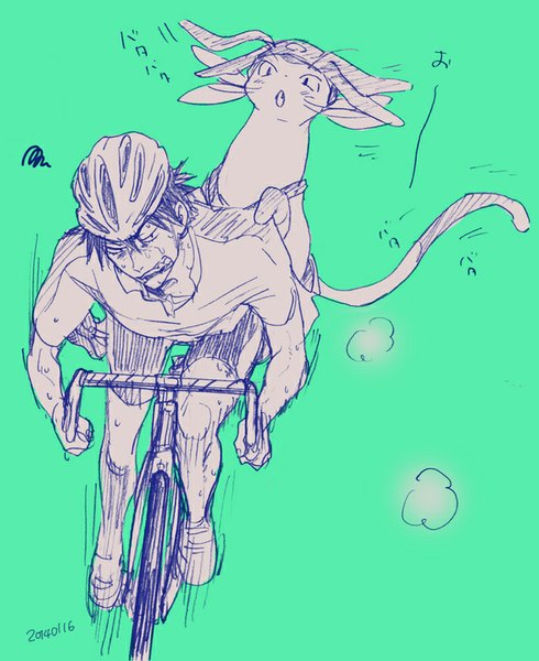 Anime picture 688x842 with yowamushi pedal space dandy studio bones arakita yasutomo meow (space dandy) zkakq tall image short hair open mouth simple background sweat dated monochrome crossover green background lineart boy animal cat ground vehicle