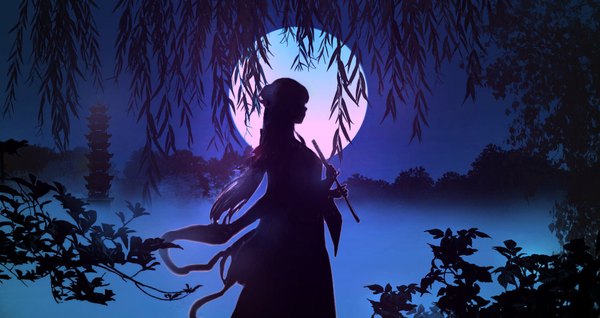 Anime picture 1920x1020 with original 00 single long hair highres wide image holding looking away traditional clothes profile night night sky silhouette fog red moon girl leaf (leaves) moon full moon musical instrument