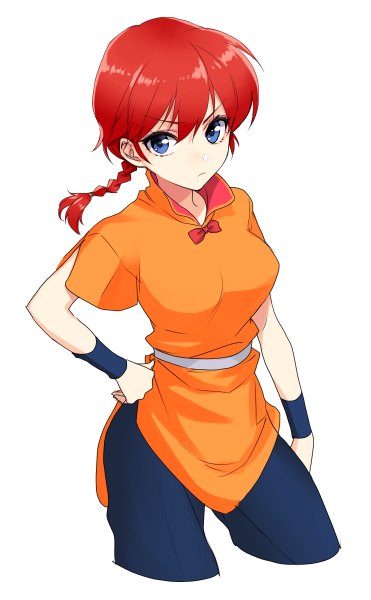 Anime picture 742x1200 with ranma 1/2 saotome ranma saotome ranma (girl) chimachi single long hair tall image fringe blue eyes simple background hair between eyes white background red hair braid (braids) traditional clothes from above hand on hip single braid chinese clothes genderswap