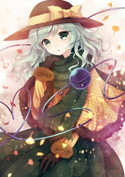 Anime picture 602x850 with touhou komeiji koishi nunucco single tall image looking at viewer short hair green eyes green hair wind symbol-shaped pupils wavy hair autumn girl gloves hat black gloves scarf hat ribbon eyeball