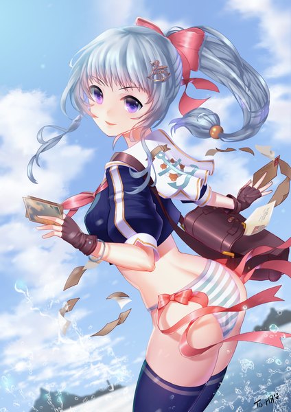 Anime picture 992x1403 with original tonaitoo single long hair tall image looking at viewer fringe light erotic smile purple eyes holding sky cloud (clouds) looking back lips aqua hair girl gloves hair ornament underwear
