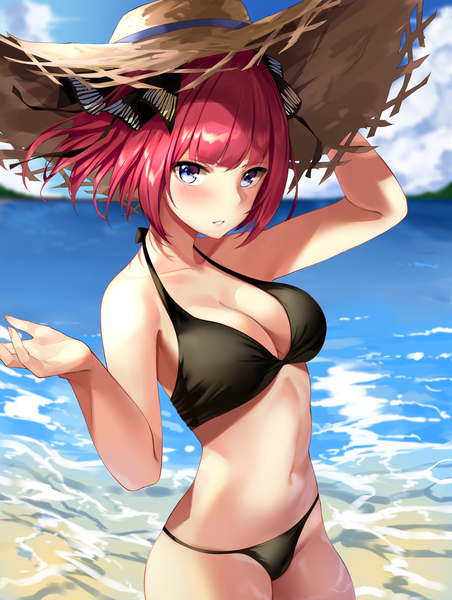 Anime picture 3015x4000 with go-toubun no hanayome nakano nino star741 single tall image blush fringe highres short hair breasts blue eyes light erotic large breasts standing holding pink hair absurdres sky cleavage outdoors