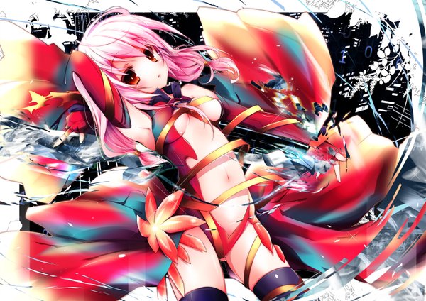 Anime picture 1500x1062 with guilty crown production i.g yuzuriha inori nanamomo rio single long hair red eyes twintails pink hair center opening girl bodysuit