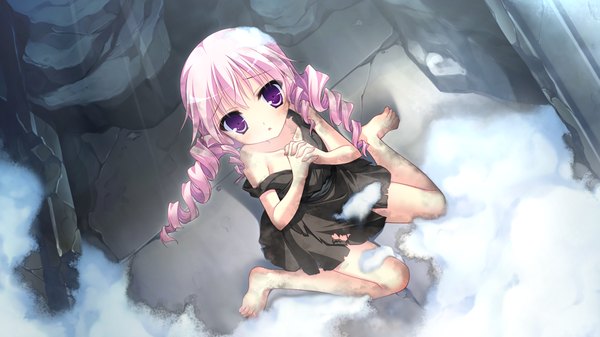 Anime picture 1024x576 with kouyoku no soleil skyfish (studio) long hair wide image purple eyes pink hair game cg barefoot loli drill hair girl