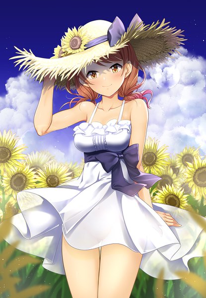 Anime picture 900x1300 with idolmaster idolmaster cinderella girls houjou karen kazu single long hair tall image blush fringe breasts smile brown hair twintails bare shoulders yellow eyes sky cloud (clouds) outdoors arm up bare legs