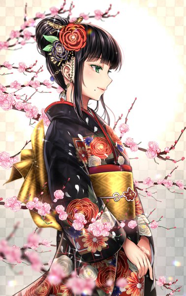 Anime picture 900x1425 with love live! sunshine!! sunrise (studio) love live! kurosawa dia tsukiriran single long hair tall image fringe black hair green eyes payot looking away blunt bangs traditional clothes japanese clothes mole cherry blossoms floral print alternate hairstyle