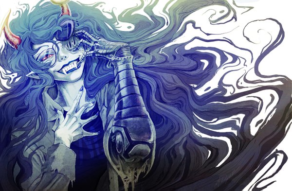 Anime picture 1400x919 with homestuck vriska serket pu sama single long hair simple background smile red eyes white background nail polish horn (horns) pointy ears grey hair teeth fang (fangs) lipstick hand on chest mechanical parts black lipstick girl
