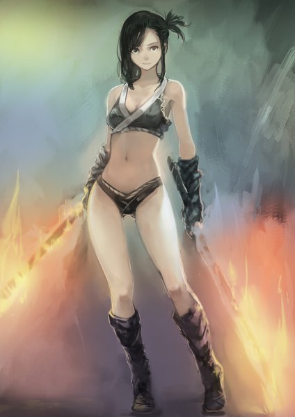 Anime picture 2480x3508 with original okuto single tall image looking at viewer fringe highres short hair breasts light erotic black hair simple background standing bare shoulders holding full body light smile black eyes bare belly one side up