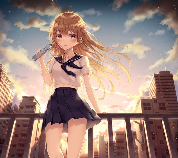 Anime picture 4500x4000 with original dangmyo single long hair looking at viewer blush fringe highres open mouth blonde hair hair between eyes standing holding brown eyes payot absurdres sky cloud (clouds) outdoors pleated skirt