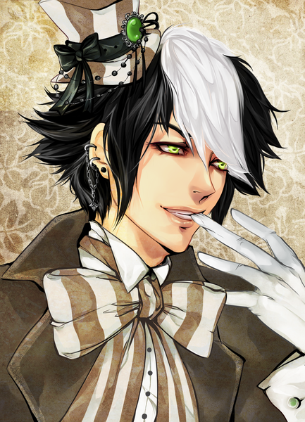 Anime picture 1300x1800 with original antique-teacup tall image short hair black hair green eyes white hair piercing mouth hold glove biting boy gloves bow hat top hat
