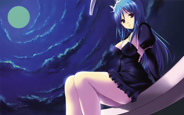 Anime picture 5670x3550 with akamaru highres light erotic wide image blue hair sky cleavage night dress moon