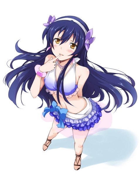 Anime picture 956x1200 with love live! school idol project sunrise (studio) love live! sonoda umi chata maru single long hair tall image looking at viewer blush simple background white background yellow eyes blue hair hair flower finger to mouth girl skirt hair ornament flower (flowers)