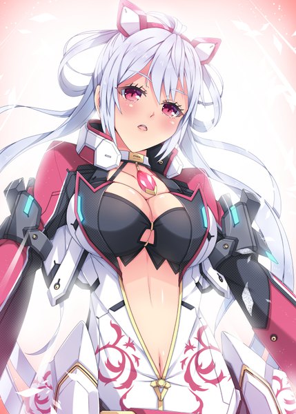 Anime picture 715x1000 with phantasy star phantasy star online 2 sega matoi (pso2) milkpanda single long hair tall image looking at viewer blush breasts open mouth light erotic red eyes silver hair girl navel hair ornament suit