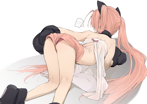 Anime picture 1771x1254 with hidan no aria kanzaki h aria uno ryoku single long hair highres light erotic simple background white background twintails animal ears pink hair ahoge ass from behind fake animal ears top-down bottom-up hand on ass girl gloves