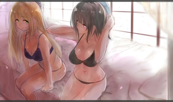 Anime picture 1200x712 with kantai collection atago heavy cruiser takao heavy cruiser isshiki (ffmania7) long hair blush fringe short hair breasts light erotic black hair blonde hair smile hair between eyes red eyes wide image large breasts sitting multiple girls green eyes