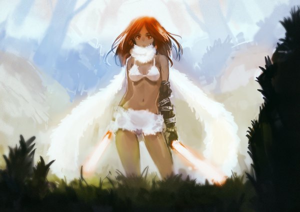 Anime picture 3508x2480 with original okuto single long hair looking at viewer fringe highres breasts light erotic red eyes standing bare shoulders holding absurdres outdoors red hair dual wielding girl navel weapon