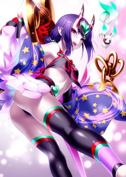 Anime picture 1000x1402 with fate (series) fate/grand order shuten douji (fate) shuten douji (halloween caster) (fate) zen (kamuro) single tall image looking at viewer blush fringe short hair open mouth light erotic purple eyes payot purple hair ass horn (horns) bare belly from below