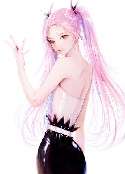Anime picture 1415x1958 with original take heart7 single long hair tall image looking at viewer simple background red eyes standing white background twintails bare shoulders pink hair nail polish looking back fingernails back bare back shiny clothes girl