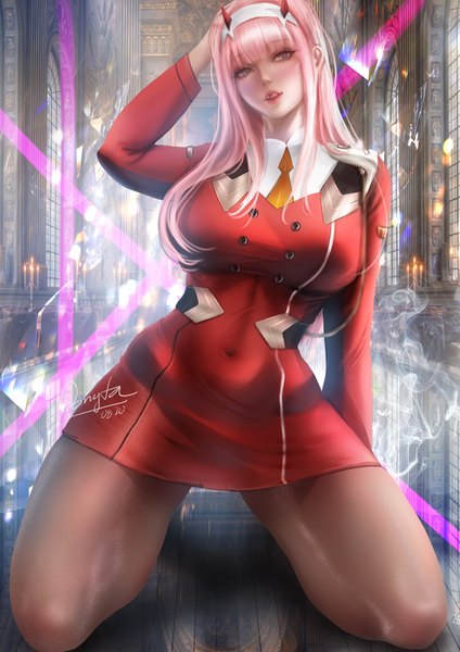 Anime picture 2480x3508 with darling in the franxx studio trigger zero two (darling in the franxx) donyta single long hair tall image looking at viewer blush fringe highres breasts light erotic large breasts green eyes signed payot pink hair indoors blunt bangs