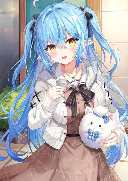 Anime picture 2507x3541 with virtual youtuber hololive yukihana lamy yukimin (yukihana lamy) yukihana lamy (3rd costume) retsuto single long hair tall image looking at viewer blush fringe highres hair between eyes yellow eyes blue hair ahoge pointy ears two side up official alternate costume