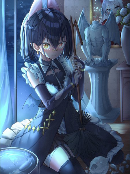Anime picture 2999x3999 with original gr greeze tall image looking at viewer blush fringe highres short hair black hair hair between eyes red eyes sitting animal ears yellow eyes indoors night sparkle maid tears heterochromia