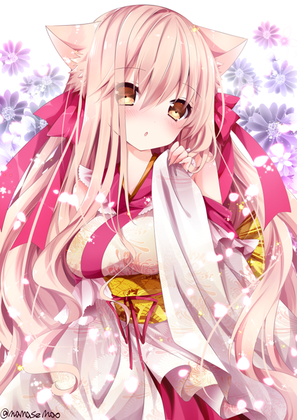 Anime picture 707x1000 with original nanase kureha nanase nao single long hair tall image looking at viewer blush fringe breasts open mouth hair between eyes large breasts bare shoulders brown eyes signed animal ears pink hair upper body long sleeves