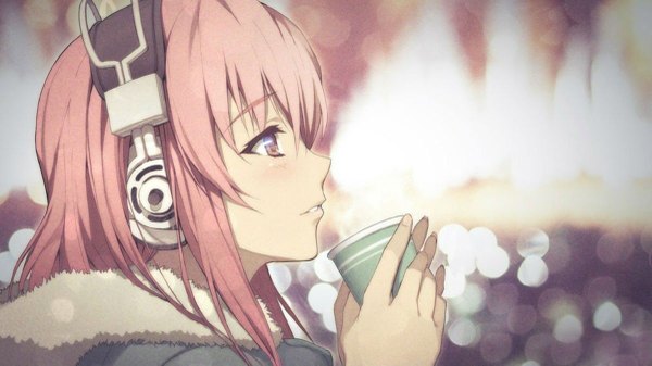 Anime picture 1200x675 with nitroplus super sonico tagme (artist) single long hair smile wide image looking away pink hair profile pink eyes light smile girl headphones