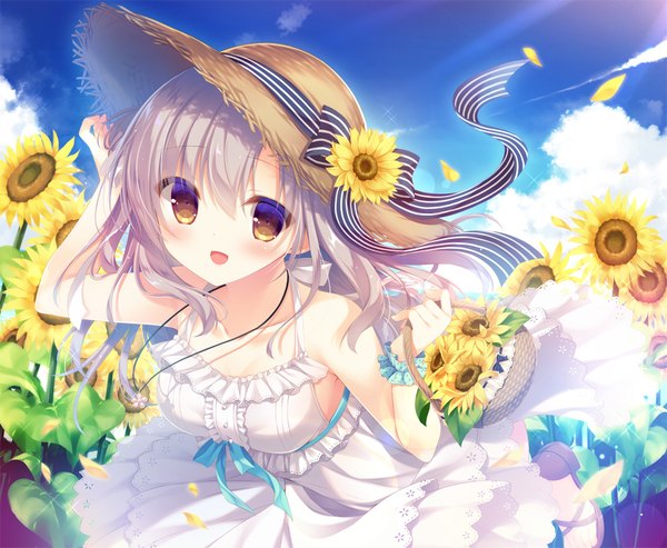 Anime picture 1000x823 with original yukie (peach candy) single long hair looking at viewer blush fringe breasts open mouth smile hair between eyes standing holding brown eyes sky cloud (clouds) outdoors :d arm up wind