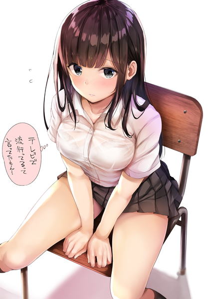 Anime picture 2508x3541 with original fay (fay axl) single long hair tall image looking at viewer blush fringe highres breasts light erotic simple background brown hair white background sitting payot blunt bangs pleated skirt from above black eyes
