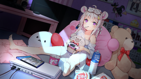 Anime picture 1100x618 with original agnamore single long hair blush fringe wide image sitting holding animal ears pink hair ahoge indoors braid (braids) pink eyes barefoot off shoulder bare legs spread legs mouth hold