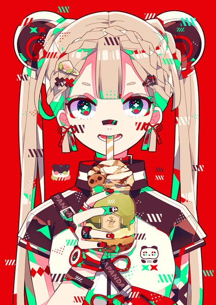 Anime picture 1240x1753 with original hghrttm single long hair tall image looking at viewer fringe simple background blonde hair twintails green eyes animal ears upper body braid (braids) symbol-shaped pupils red background crown braid multicolored girl earrings