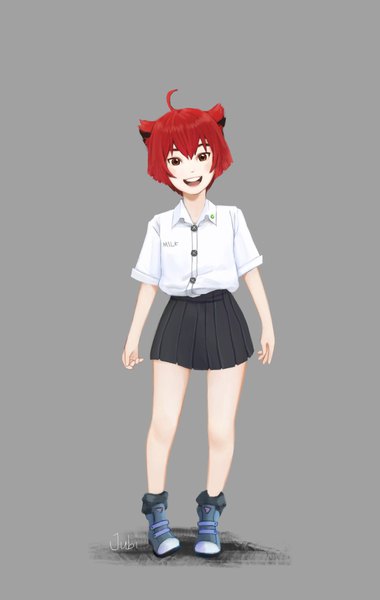 Anime picture 1299x2048 with original milk (jubi) jubi (regiana) single tall image looking at viewer fringe short hair open mouth smile standing brown eyes signed animal ears full body ahoge red hair pleated skirt cat ears grey background