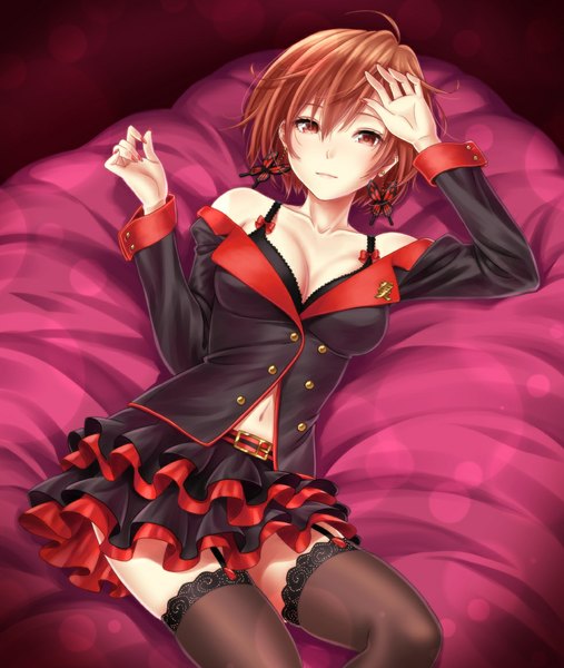 Anime picture 983x1162 with vocaloid meiko asami (undoundo) single tall image looking at viewer short hair light erotic brown hair brown eyes girl thighhighs skirt navel black thighhighs earrings skirt set