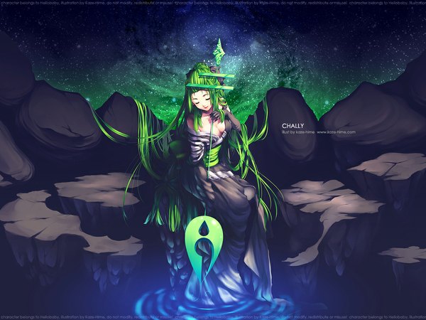Anime picture 1024x768 with original kaze-hime single long hair cleavage eyes closed green hair night sky rock girl dress gloves star (stars)
