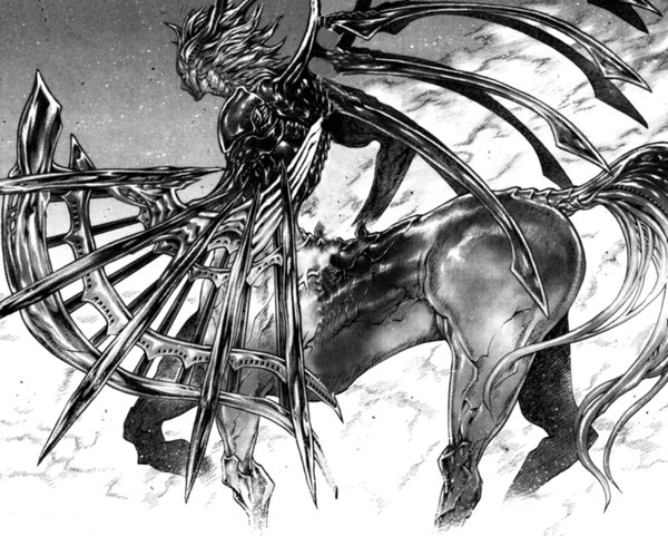 Anime picture 1746x1400 with claymore madhouse isley highres horn (horns) monochrome weapon wings monster thorns centaur