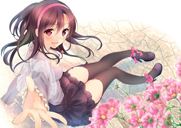 Anime picture 1000x711 with original yu yu single long hair looking at viewer blush open mouth red eyes brown hair sitting high heels outstretched arm plaid skirt girl skirt flower (flowers) miniskirt pantyhose hairband cosmos (flower)