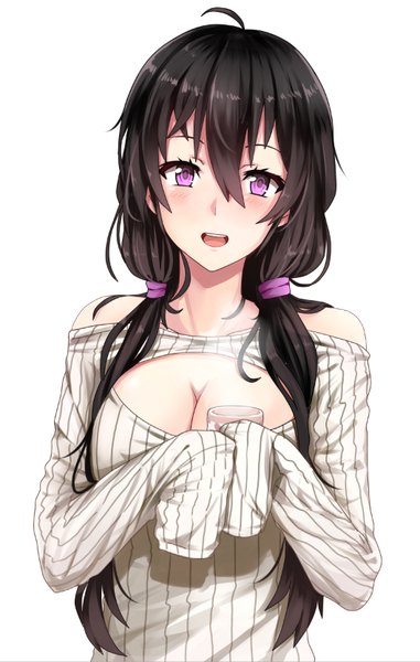 Anime picture 529x831 with original miyaura sanshio beifeng han single long hair tall image looking at viewer blush fringe breasts open mouth light erotic black hair simple background hair between eyes large breasts standing white background purple eyes twintails