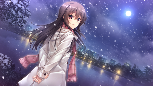Anime picture 1280x720 with hataraku otona no ren'ai jijou akabei soft3 asuka (hataraku otona no ren'ai jijou) single long hair looking at viewer brown hair wide image brown eyes game cg night dutch angle snowing reflection winter snow city lights girl scarf moon